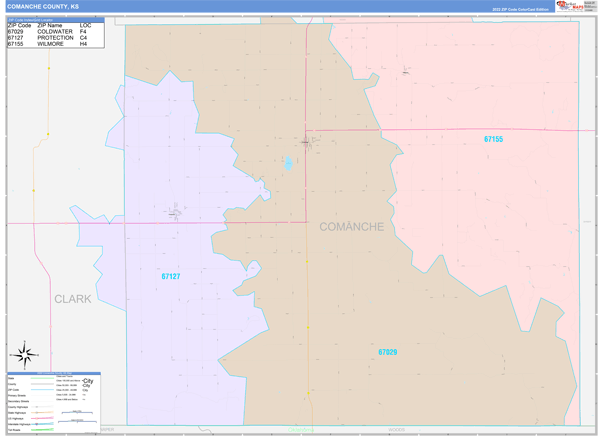 Comanche County, KS Wall Map Color Cast Style