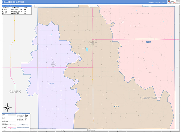 Comanche County, KS Wall Map Color Cast Style