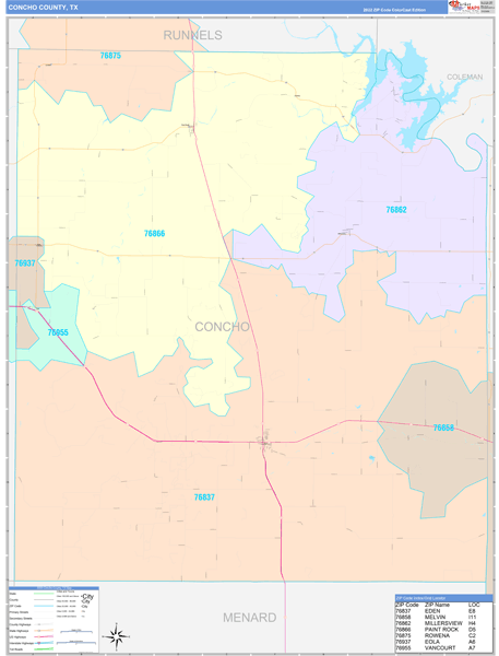 Concho County, TX Wall Map Color Cast Style