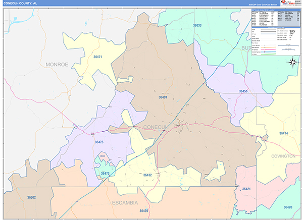 Conecuh County, AL Wall Map Color Cast Style
