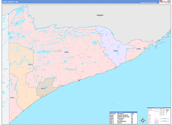 Cook County, MN Wall Map Color Cast Style