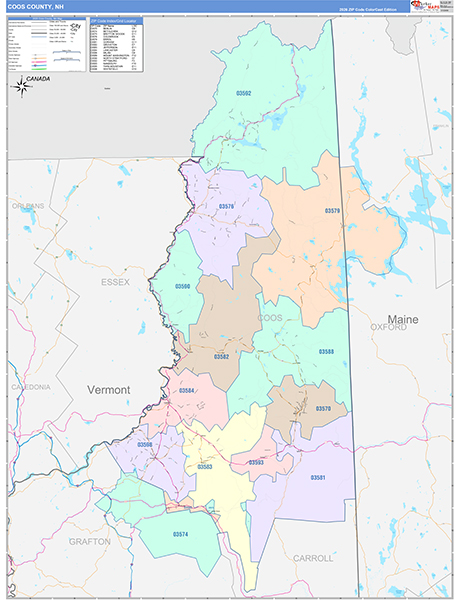 Coos County, NH Wall Map Color Cast Style