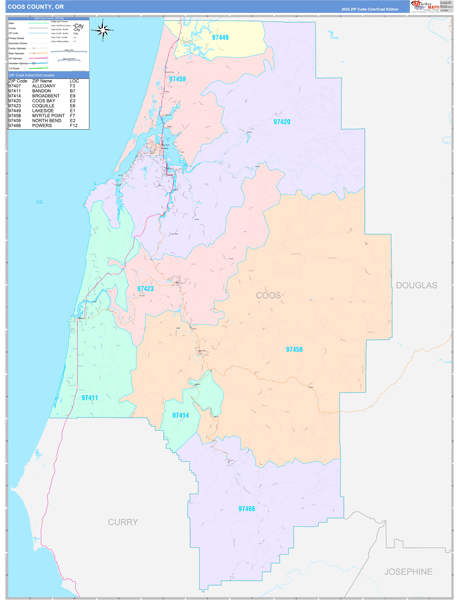 Coos County, OR Wall Map Color Cast Style