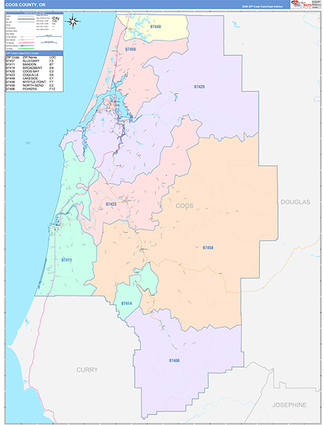 Coos County, OR Wall Map Color Cast Style