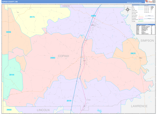 Copiah County, MS Wall Map Color Cast Style