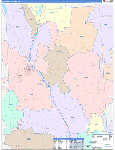 Cortland County, NY Wall Map Color Cast Style