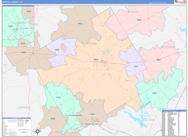 Coryell County, TX Zip Code Map