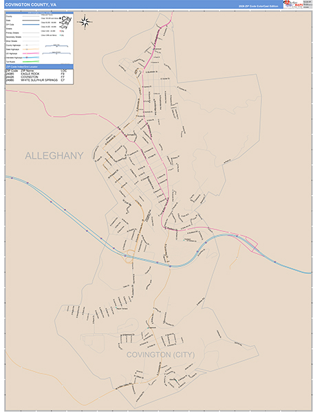 Covington County, VA Wall Map Color Cast Style