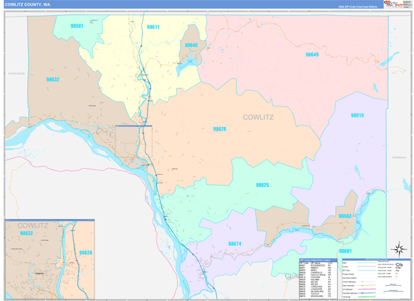Cowlitz County, WA Wall Map Color Cast Style