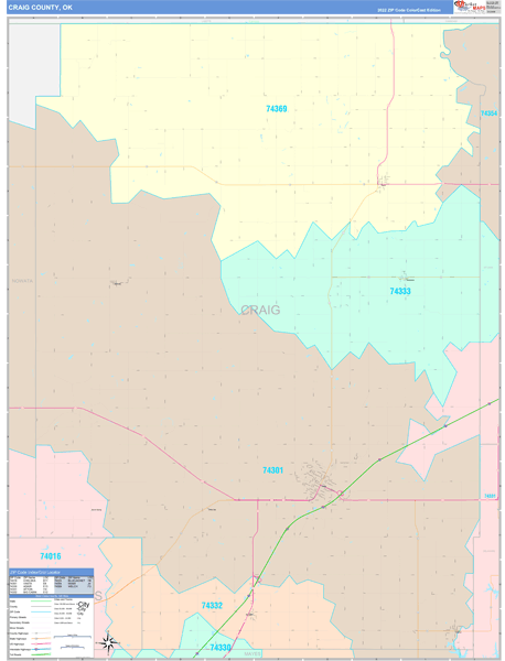 Craig County, OK Wall Map Color Cast Style