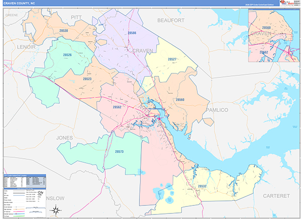 Craven County Wall Map Color Cast Style