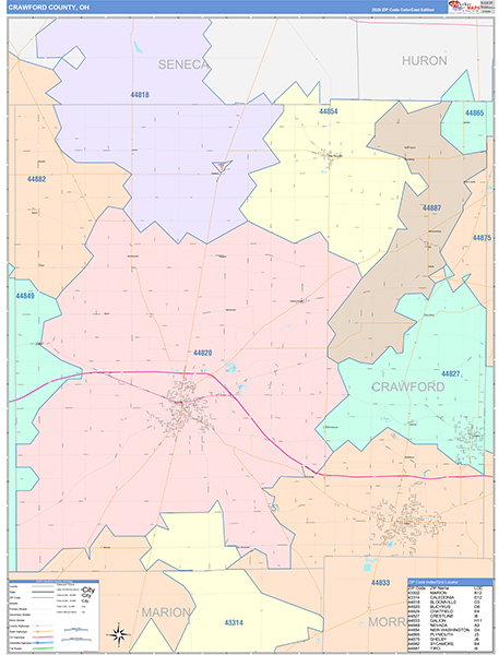 Crawford County, OH Wall Map Color Cast Style