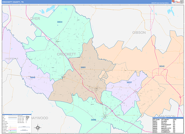 Crockett County, TN Wall Map Color Cast Style