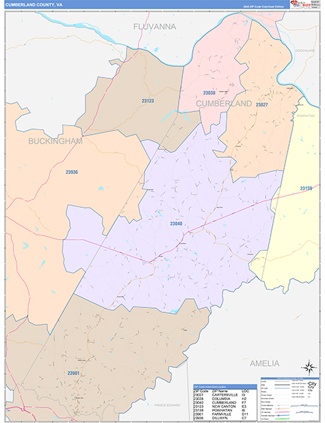 Cumberland County, VA Wall Map Color Cast Style