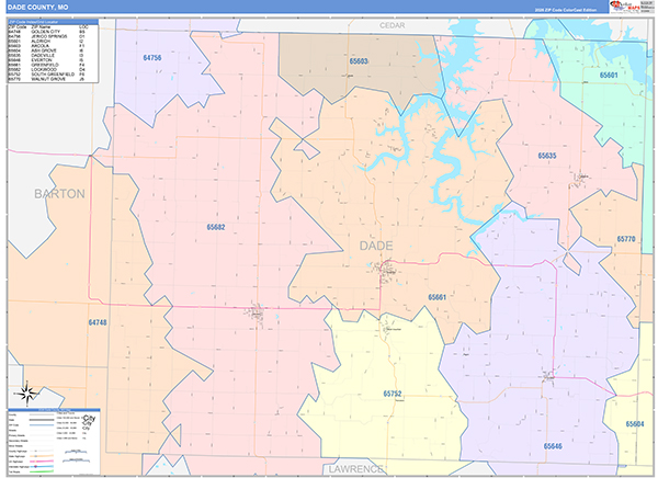 Dade County, MO Wall Map Color Cast Style