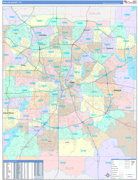 Dallas County, TX Wall Map Color Cast Style