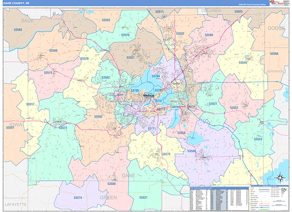Dane County, WI Wall Map Color Cast Style