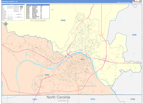 Danville County, VA Wall Map Color Cast Style