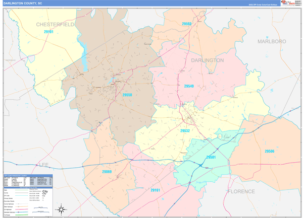 Darlington County, SC Wall Map Color Cast Style