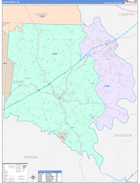 Davie County, NC Wall Map Color Cast Style