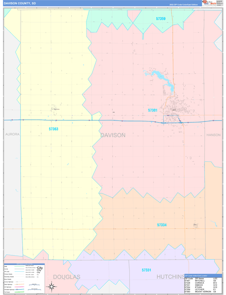 Davison County Wall Map Color Cast Style