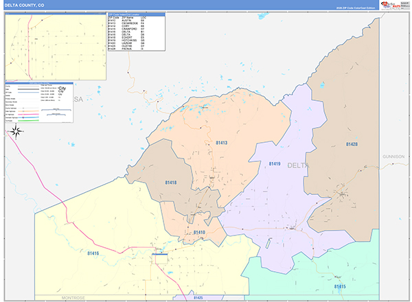 Delta County, CO Wall Map Color Cast Style