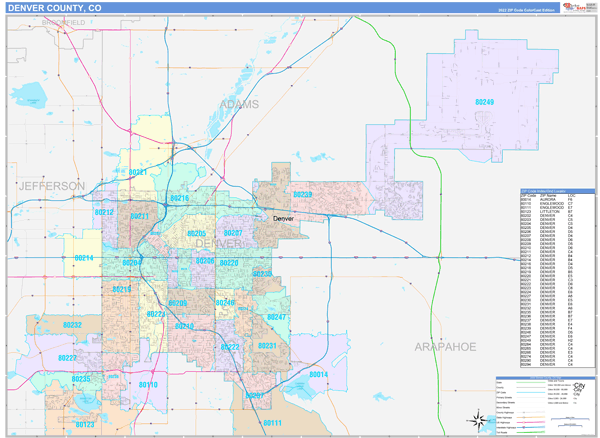 Denver County, CO Wall Map Color Cast Style