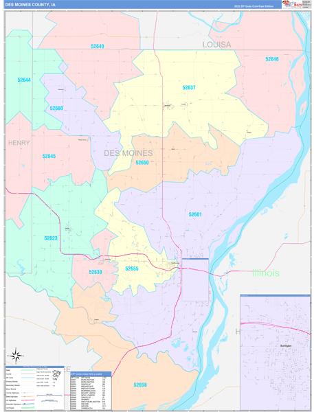 Des Moines County, IA Wall Map Color Cast Style by MarketMAPS - MapSales