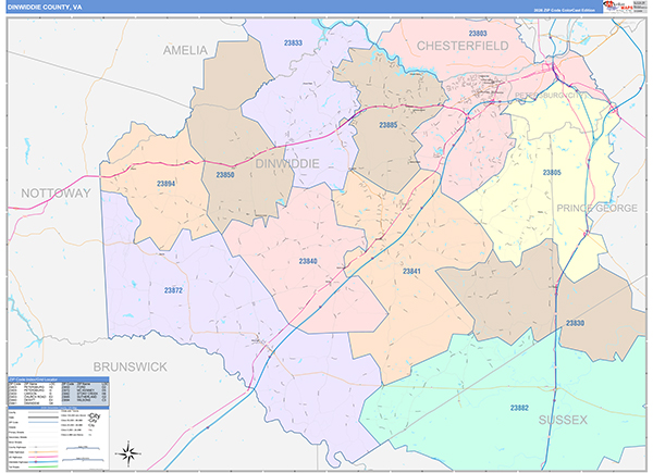 Dinwiddie County, VA Zip Code Map