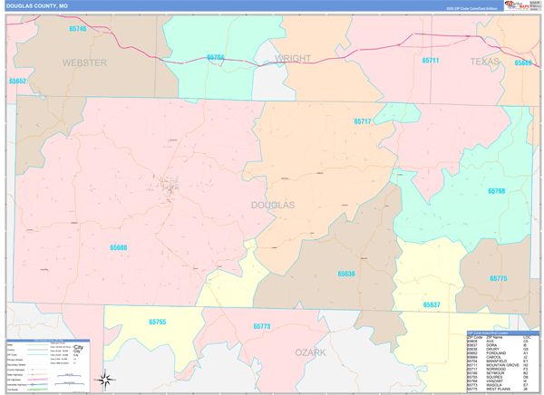 Douglas County, MO Wall Map Color Cast Style