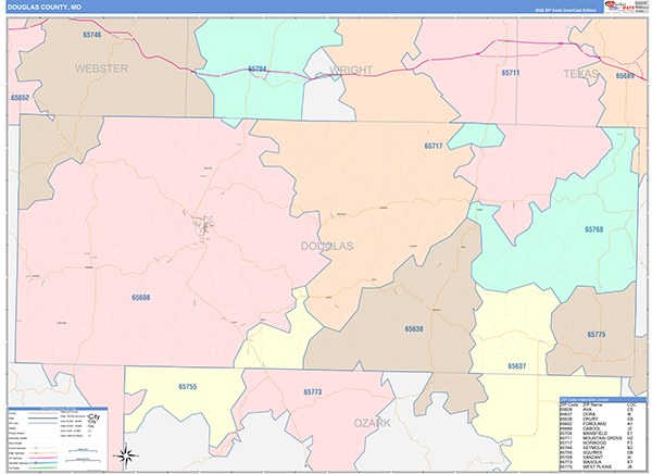 Douglas County, MO Map Color Cast Style