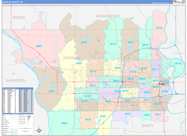 Douglas County NE Zip Code Maps Color Cast