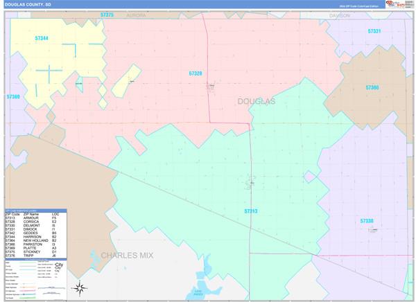 Douglas County, SD Wall Map Color Cast Style