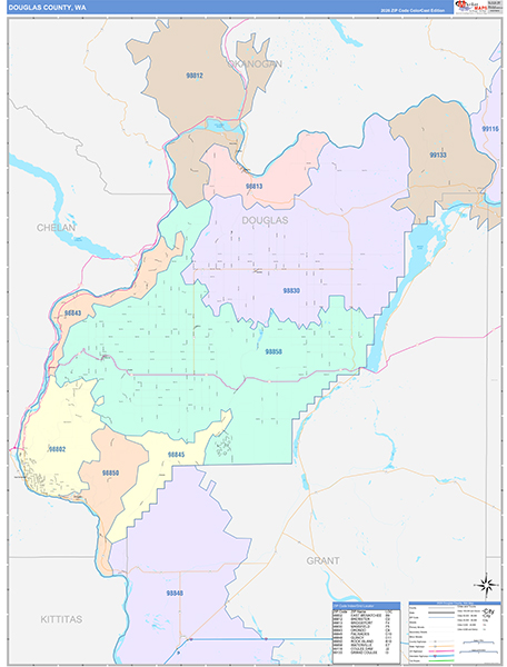 Douglas County, WA Wall Map Color Cast Style