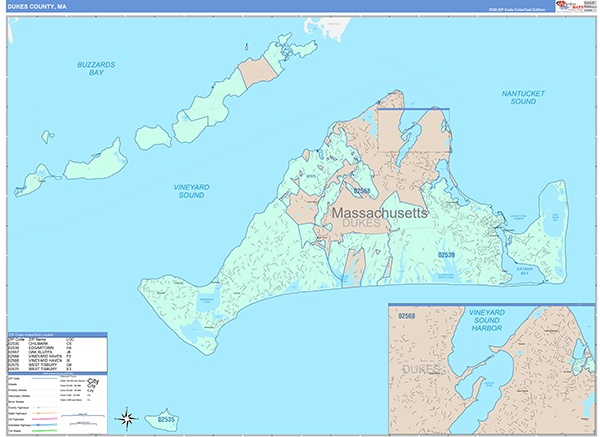 Dukes County, MA Wall Map Color Cast Style