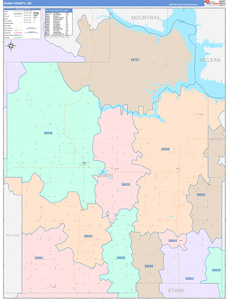Dunn County, ND Wall Map Color Cast Style