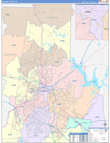 Durham County, NC Wall Map Color Cast Style