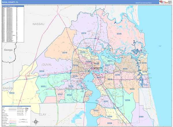 Duval County, FL Wall Map Color Cast Style