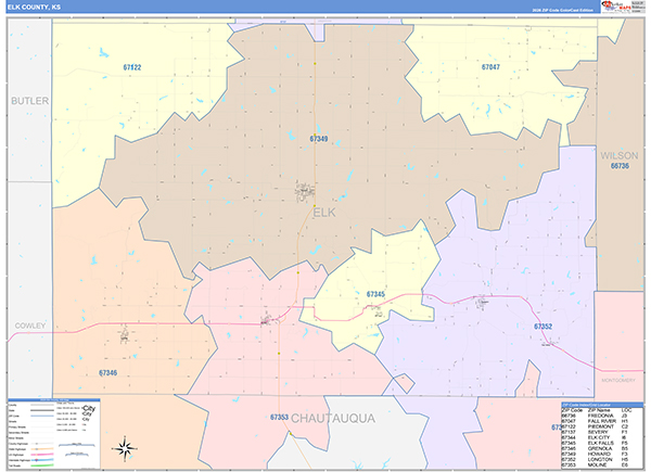 Elk County, KS Wall Map Color Cast Style