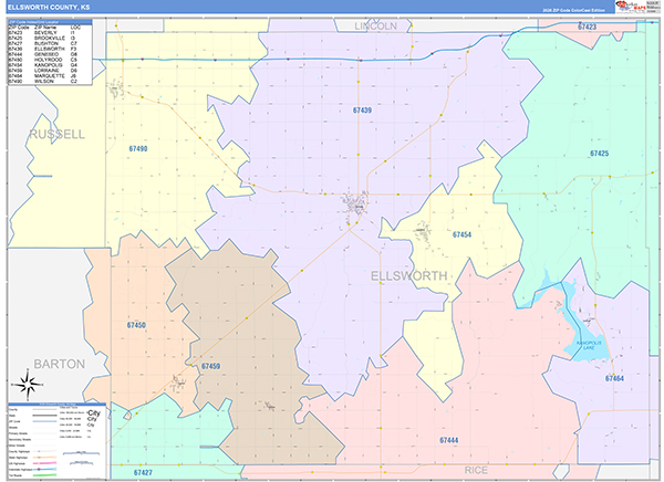 Ellsworth County, KS Zip Code Map