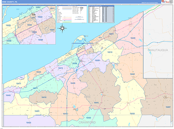 Erie County, PA Wall Map Color Cast Style