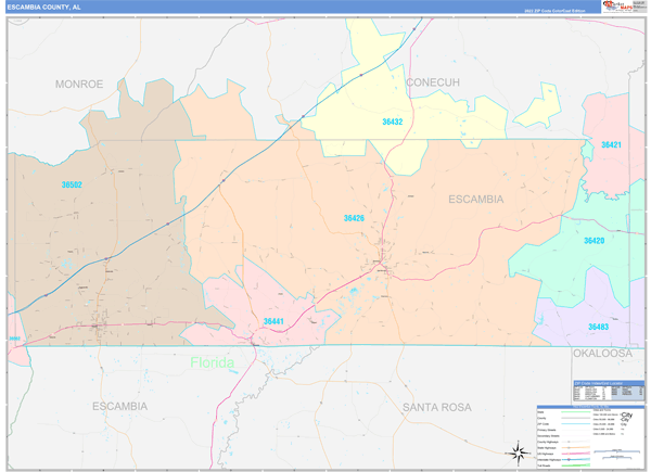 Escambia County Wall Map Color Cast Style