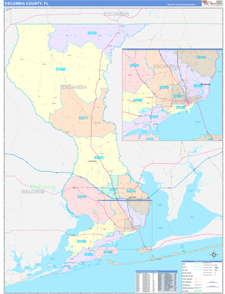 Escambia County Wall Map Color Cast Style
