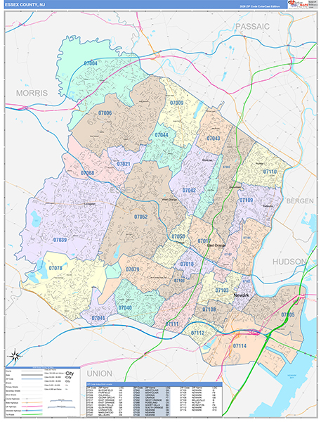 Essex County, NJ Zip Code Map