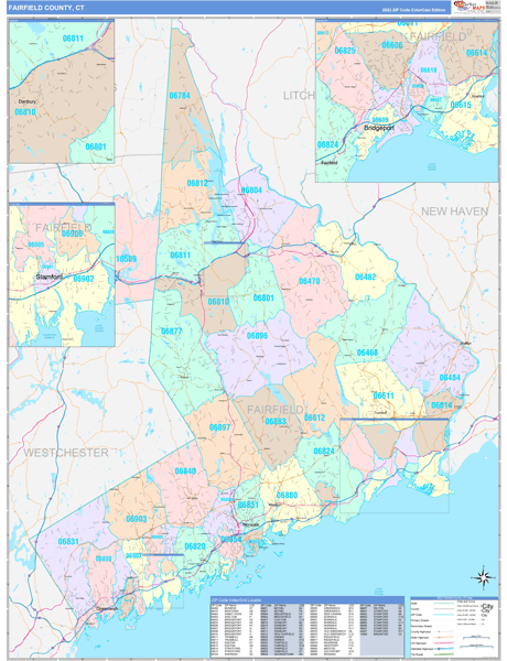 Fairfield County, CT Wall Map Color Cast Style