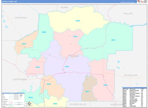 Fergus County, MT Zip Code Map