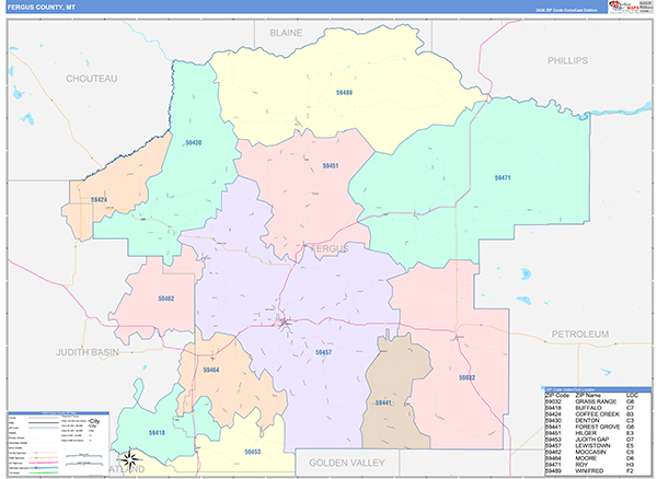 Fergus County, MT Zip Code Map