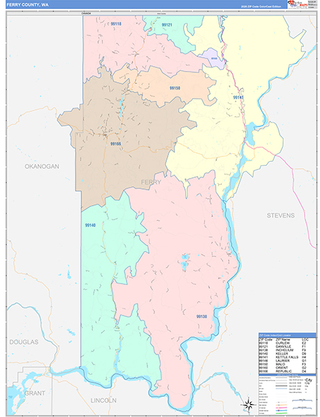 Ferry County, WA Wall Map Color Cast Style