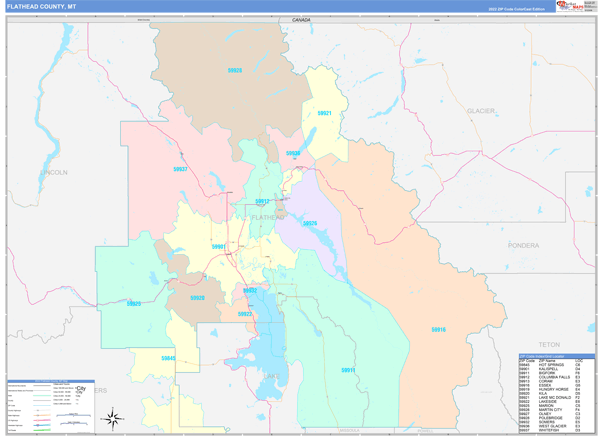 Flathead County Wall Map Color Cast Style