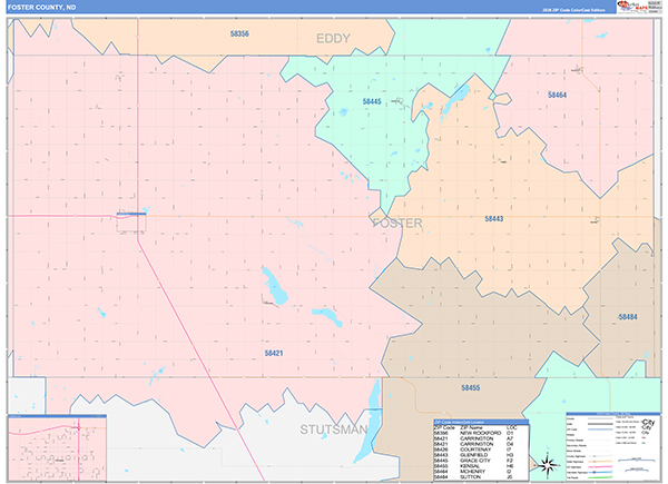 Foster County, ND Wall Map Color Cast Style